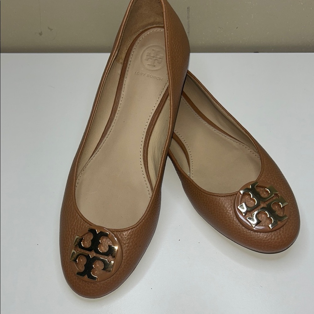 Tory Burch Brown Leather Flats with Metallic Logo